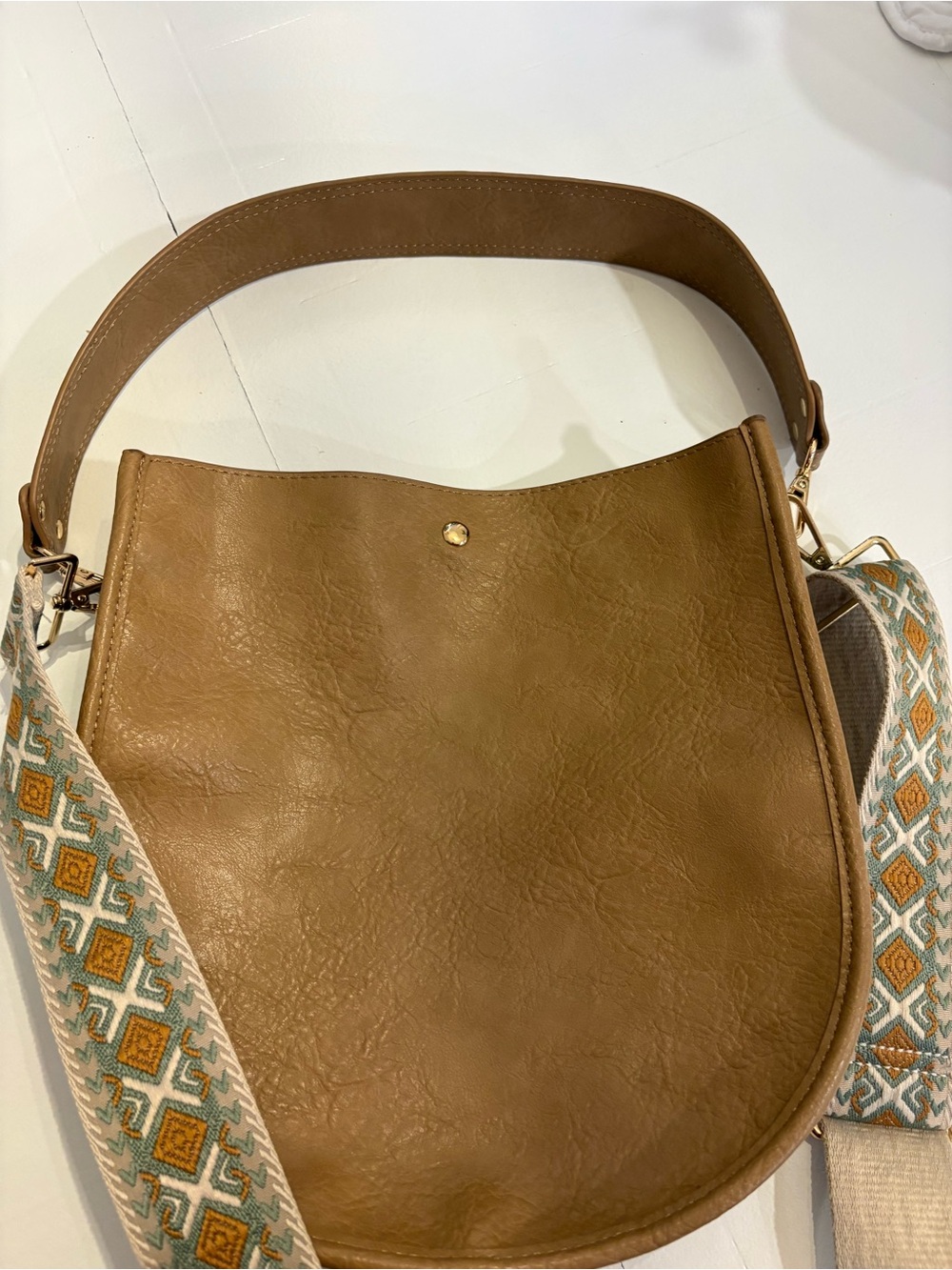 Brown Women's Leather Crossbody Bag with Patterned Strap